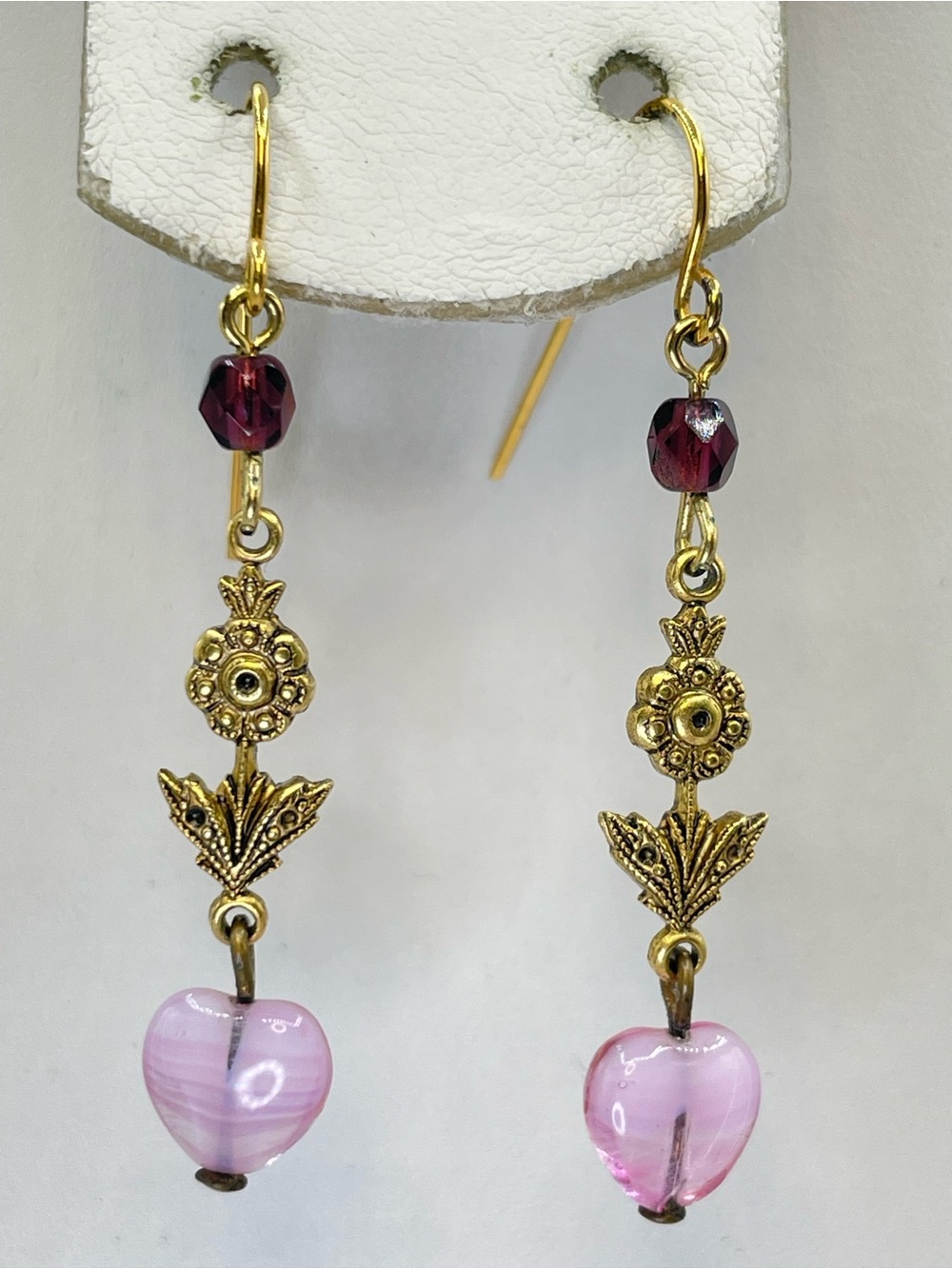 Pink Heart Glass Bead Floral Dangle Earrings Gold Tone Boho Romantic